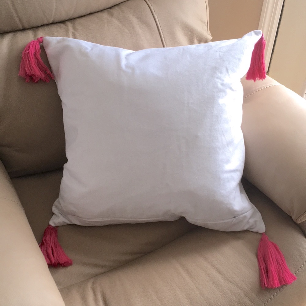 Brand New💕White Accent Pillow with Pink embroidery and Tassels